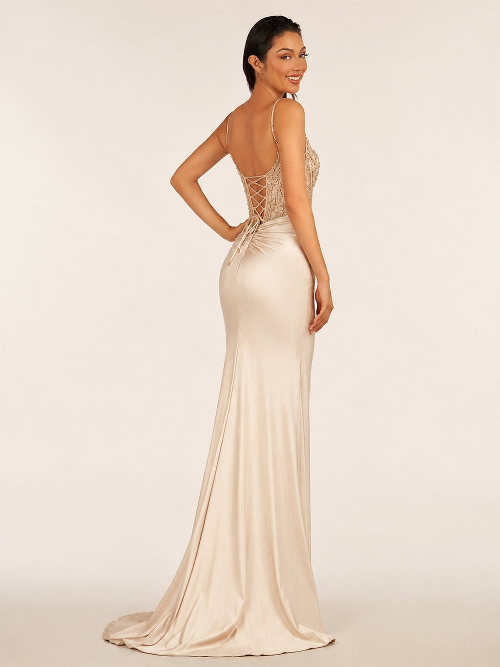Green V Neck Beading Satin Long Slit Evening Dress - Curvevia