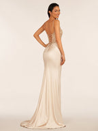 Green V Neck Beading Satin Long Slit Evening Dress - Curvevia