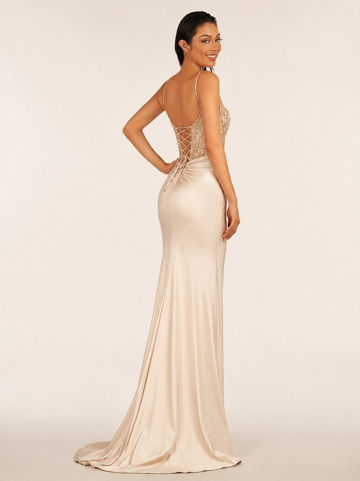 Green V Neck Beading Satin Long Slit Evening Dress - Curvevia