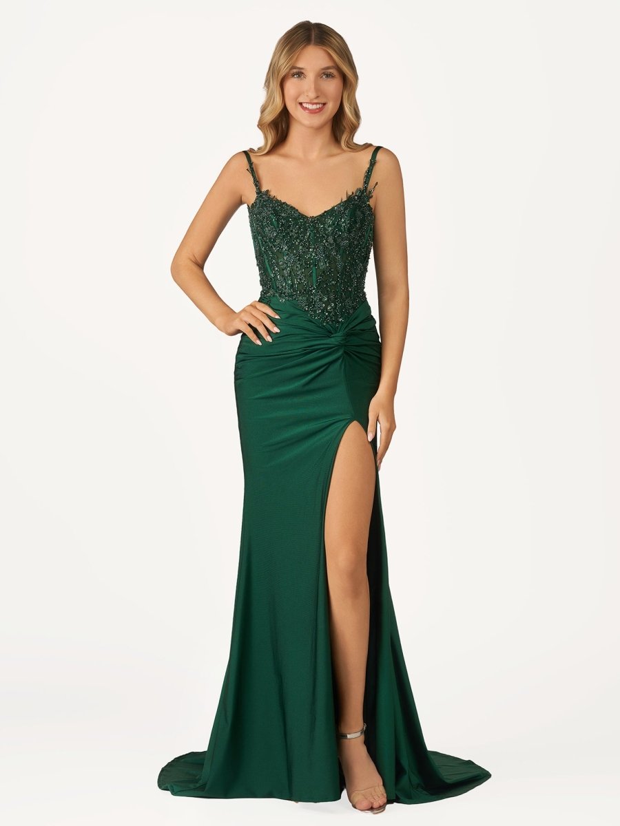 Green V Neck Beading Satin Long Slit Evening Dress - Curvevia