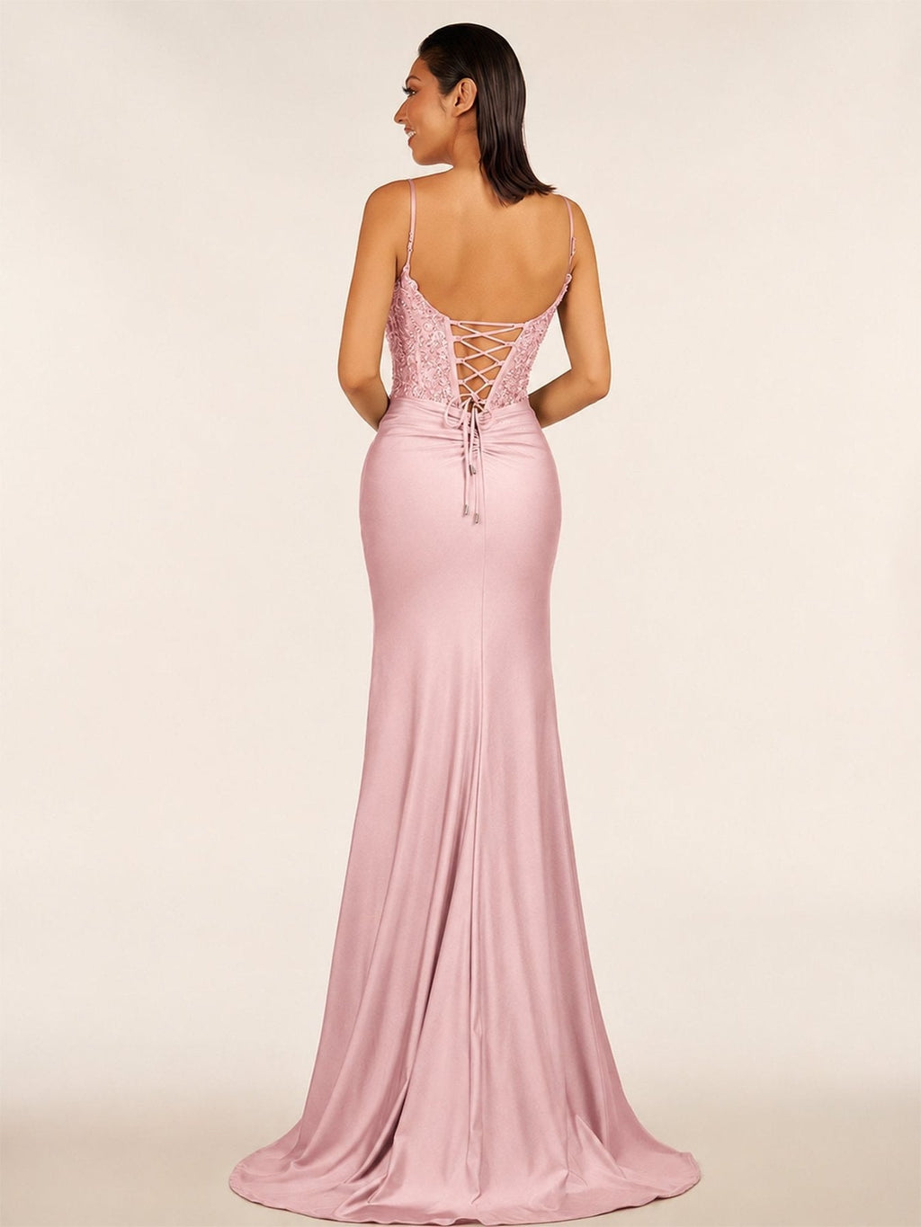 Green V Neck Beading Satin Long Slit Evening Dress - Curvevia