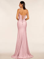 Green V Neck Beading Satin Long Slit Evening Dress - Curvevia