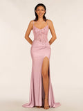 Green V Neck Beading Satin Long Slit Evening Dress - Curvevia