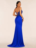 Green V Neck Beading Satin Long Slit Evening Dress - Curvevia