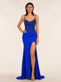 Green V Neck Beading Satin Long Slit Evening Dress - Curvevia