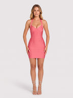 Coral Stretch Knit Sheath Halter neckline Side Zip Mini Dress - Curvevia