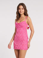 Pink Sequin Lace Sheath Cowl Neck Backless Mini Dress - Curvevia