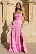 A-Line Hot Pink Ruffles Slit Prom Dress with Lace-up Back - Curvevia