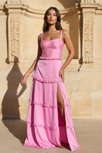 A-Line Hot Pink Ruffles Slit Prom Dress with Lace-up Back - Curvevia