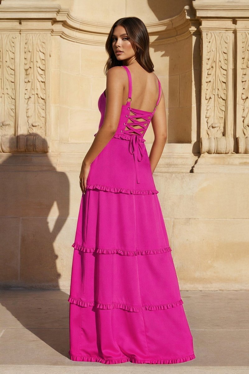 A-Line Hot Pink Ruffles Slit Prom Dress with Lace-up Back - Curvevia