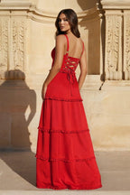A-Line Hot Pink Ruffles Slit Prom Dress with Lace-up Back - Curvevia