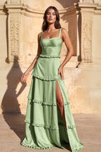 A-Line Hot Pink Ruffles Slit Prom Dress with Lace-up Back - Curvevia
