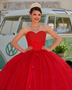 Red 3D Flowers Glitter Sequins Sleeveless Quinceanera Dresses - Curvevia