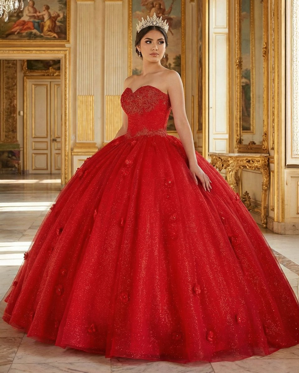 Red 3D Flowers Glitter Sequins Sleeveless Quinceanera Dresses - Curvevia