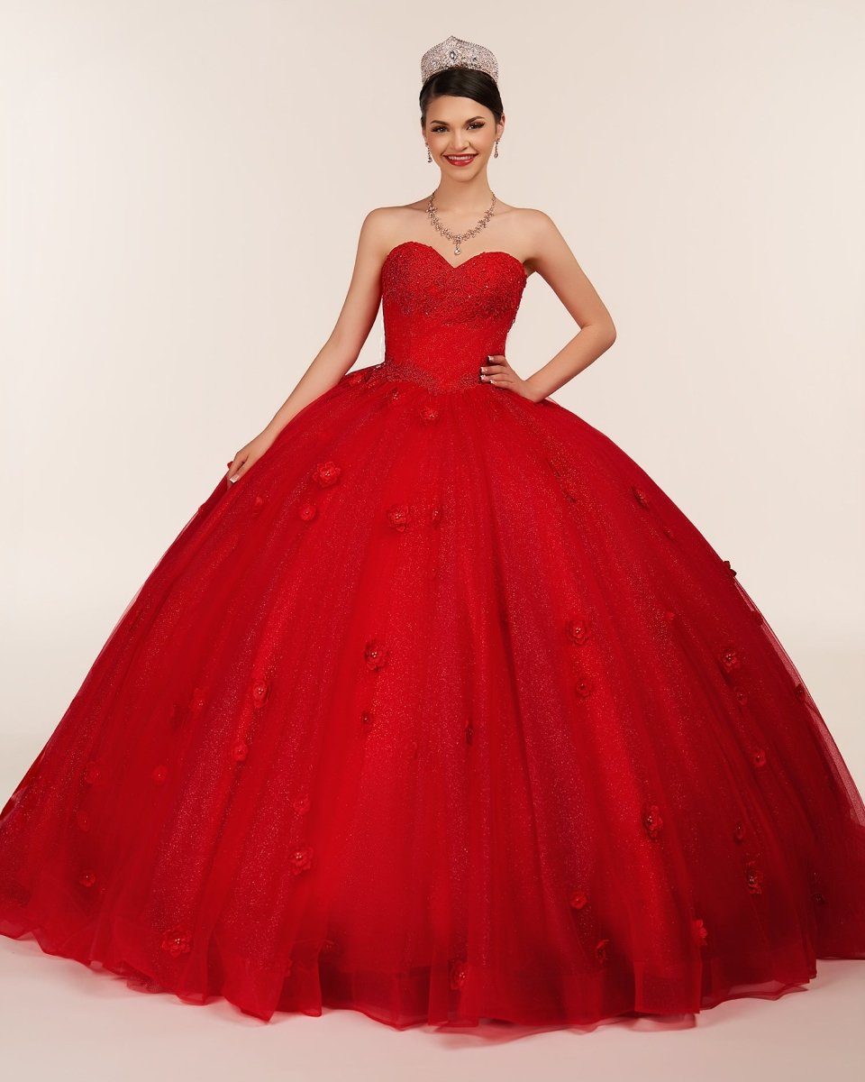 Red 3D Flowers Glitter Sequins Sleeveless Quinceanera Dresses - Curvevia