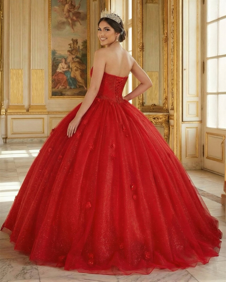 Red 3D Flowers Glitter Sequins Sleeveless Quinceanera Dresses - Curvevia