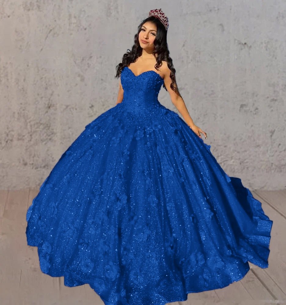 Red 3D Flowers Glitter Sequins Sleeveless Quinceanera Dresses - Curvevia