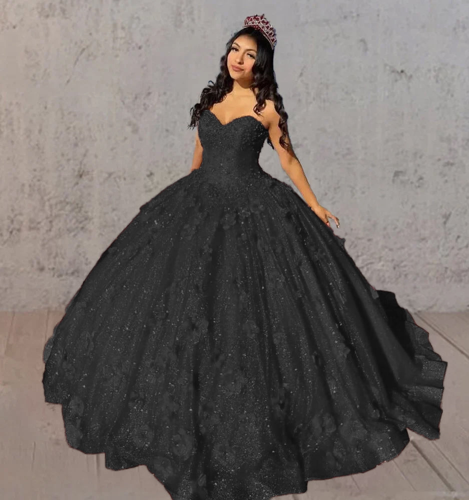 Red 3D Flowers Glitter Sequins Sleeveless Quinceanera Dresses - Curvevia