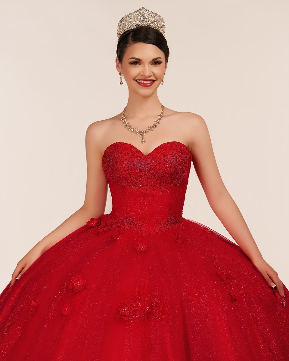 Red 3D Flowers Glitter Sequins Sleeveless Quinceanera Dresses - Curvevia