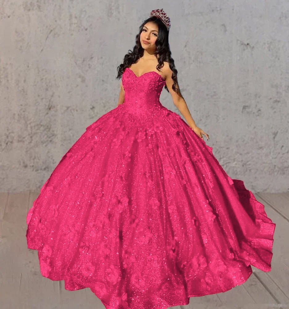 Red 3D Flowers Glitter Sequins Sleeveless Quinceanera Dresses - Curvevia