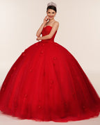Red 3D Flowers Glitter Sequins Sleeveless Quinceanera Dresses - Curvevia