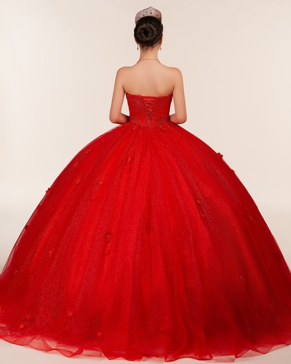 Red 3D Flowers Glitter Sequins Sleeveless Quinceanera Dresses - Curvevia