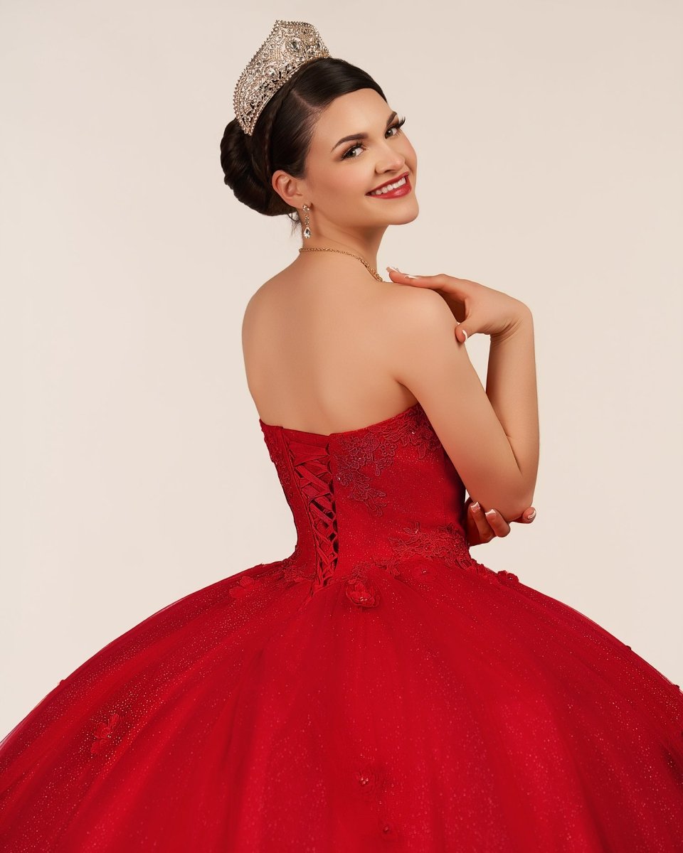 Red 3D Flowers Glitter Sequins Sleeveless Quinceanera Dresses - Curvevia