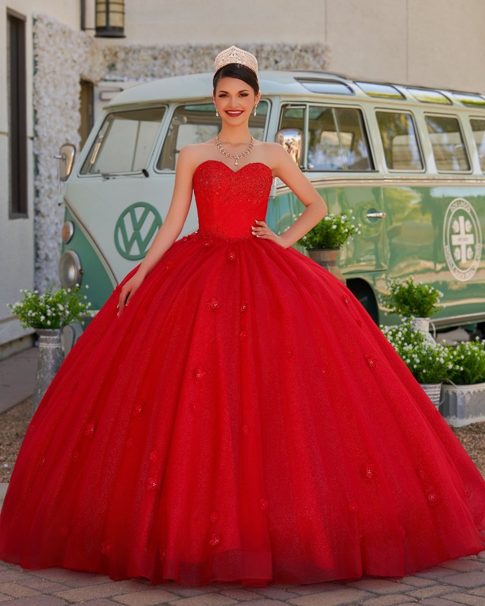 Red 3D Flowers Glitter Sequins Sleeveless Quinceanera Dresses - Curvevia