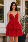 A-Line Deep V Neck Tiered Short Homecoming Dress - Curvevia