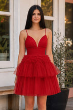 A-Line Deep V Neck Tiered Short Homecoming Dress - Curvevia