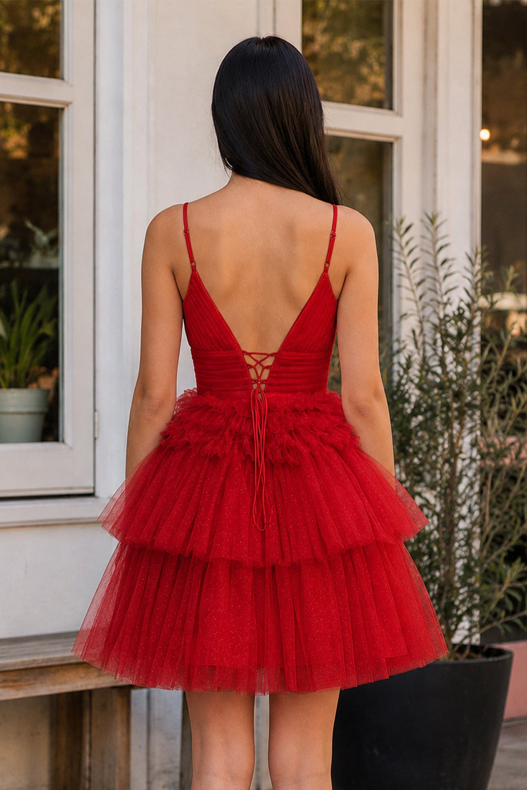 A-Line Deep V Neck Tiered Short Homecoming Dress - Curvevia