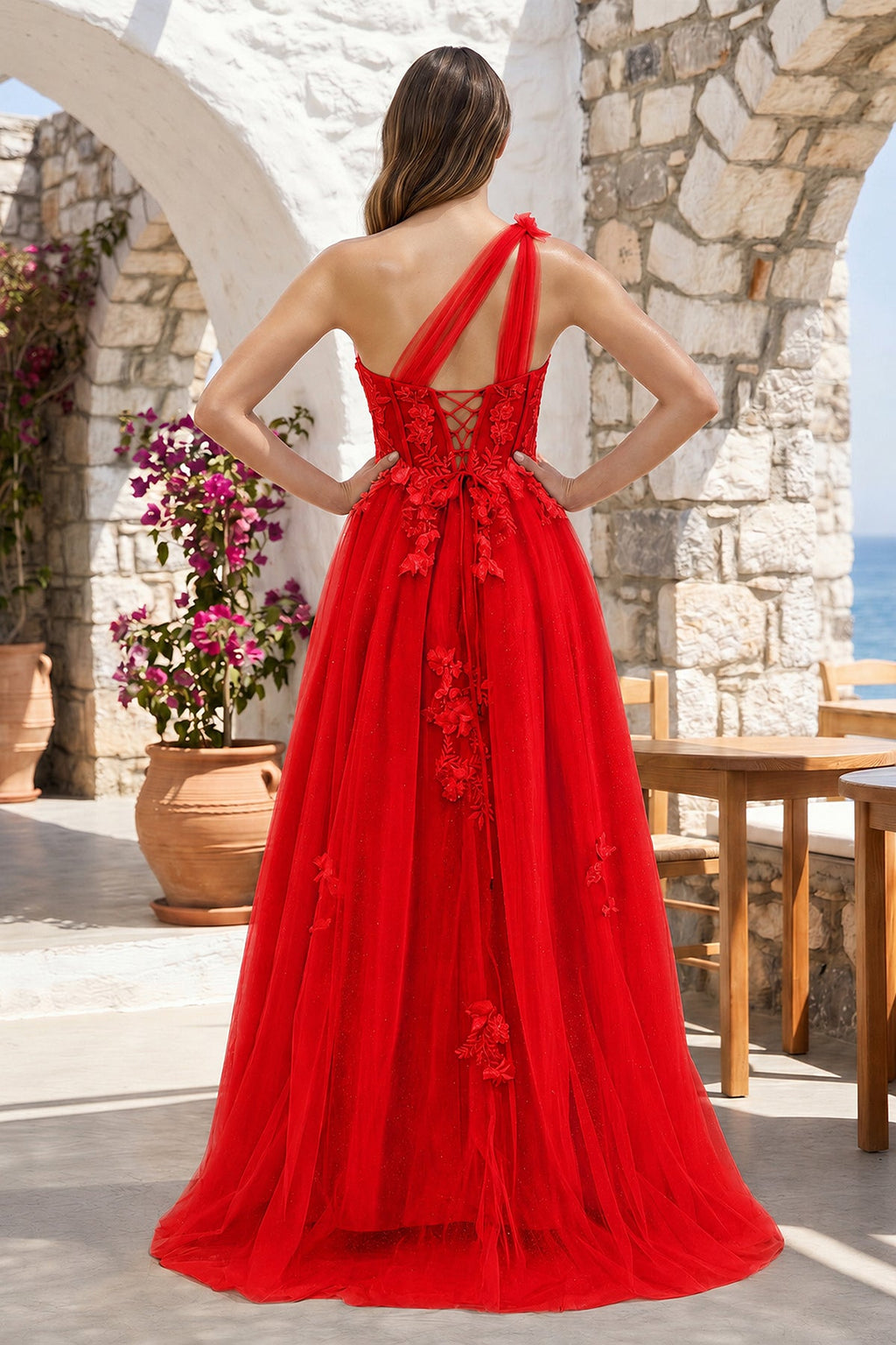A Line One Shoulder Black Long Prom Dress with Appliques - Curvevia