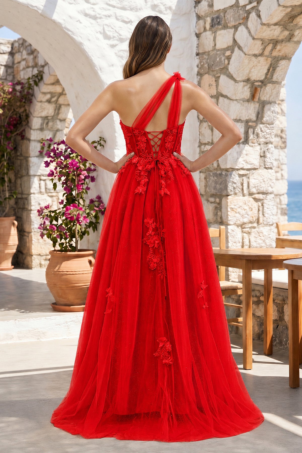 A Line One Shoulder Black Long Prom Dress with Appliques - Curvevia