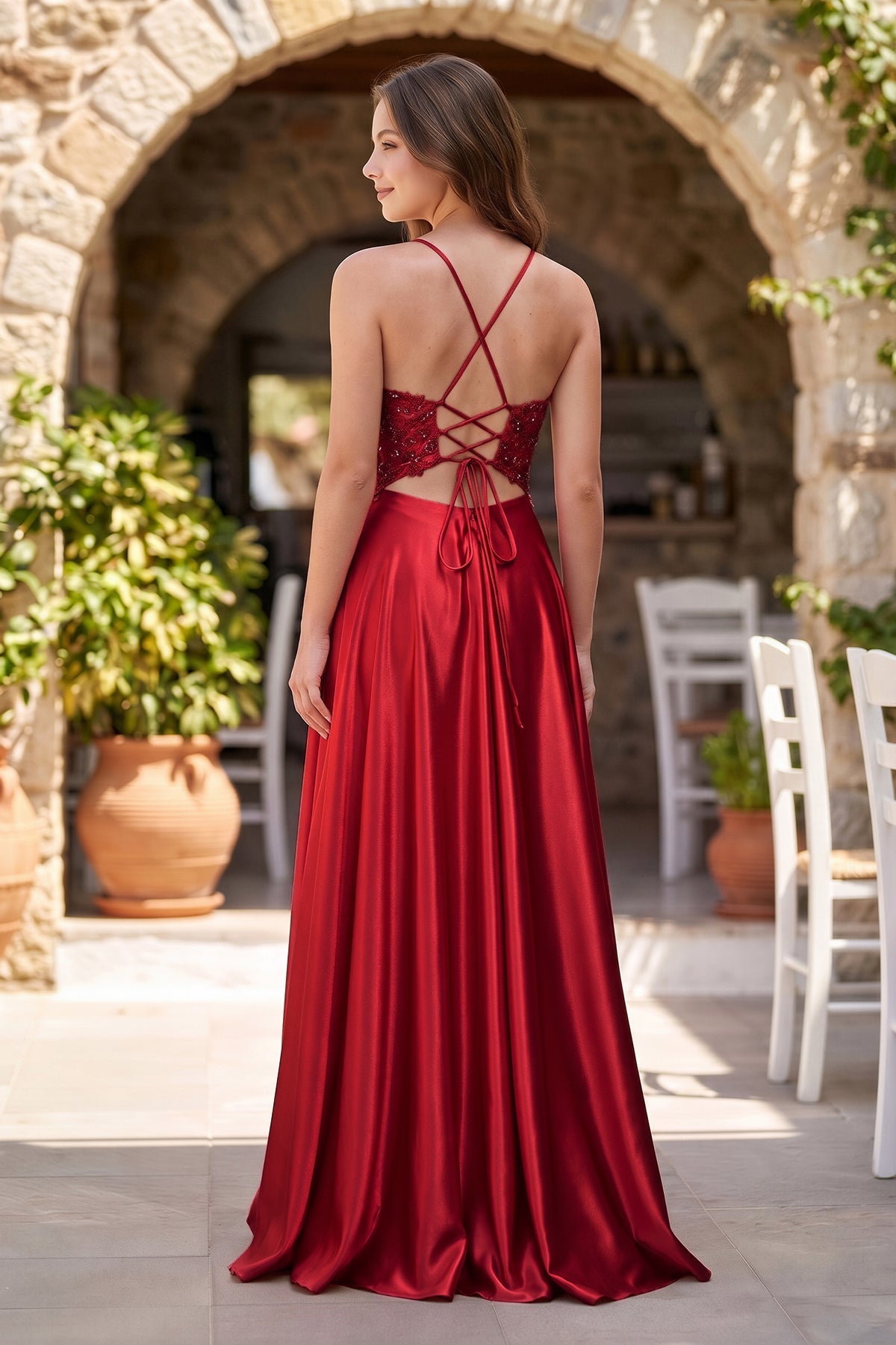 A-Line V-Neck Satin Mother of the Bride Dress with Slit - Curvevia