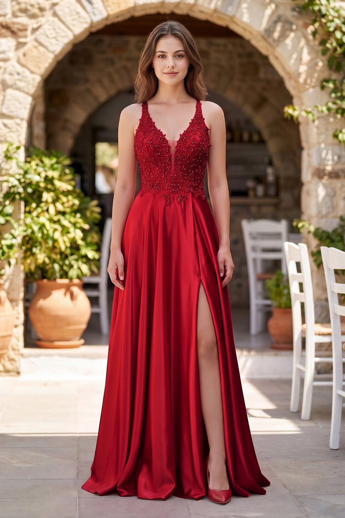 A-Line V-Neck Satin Mother of the Bride Dress with Slit - Curvevia