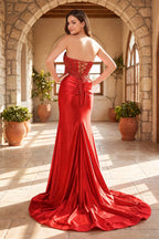 Fuchsia Beaded Strapless Applique Evening Dress with Slit - Curvevia