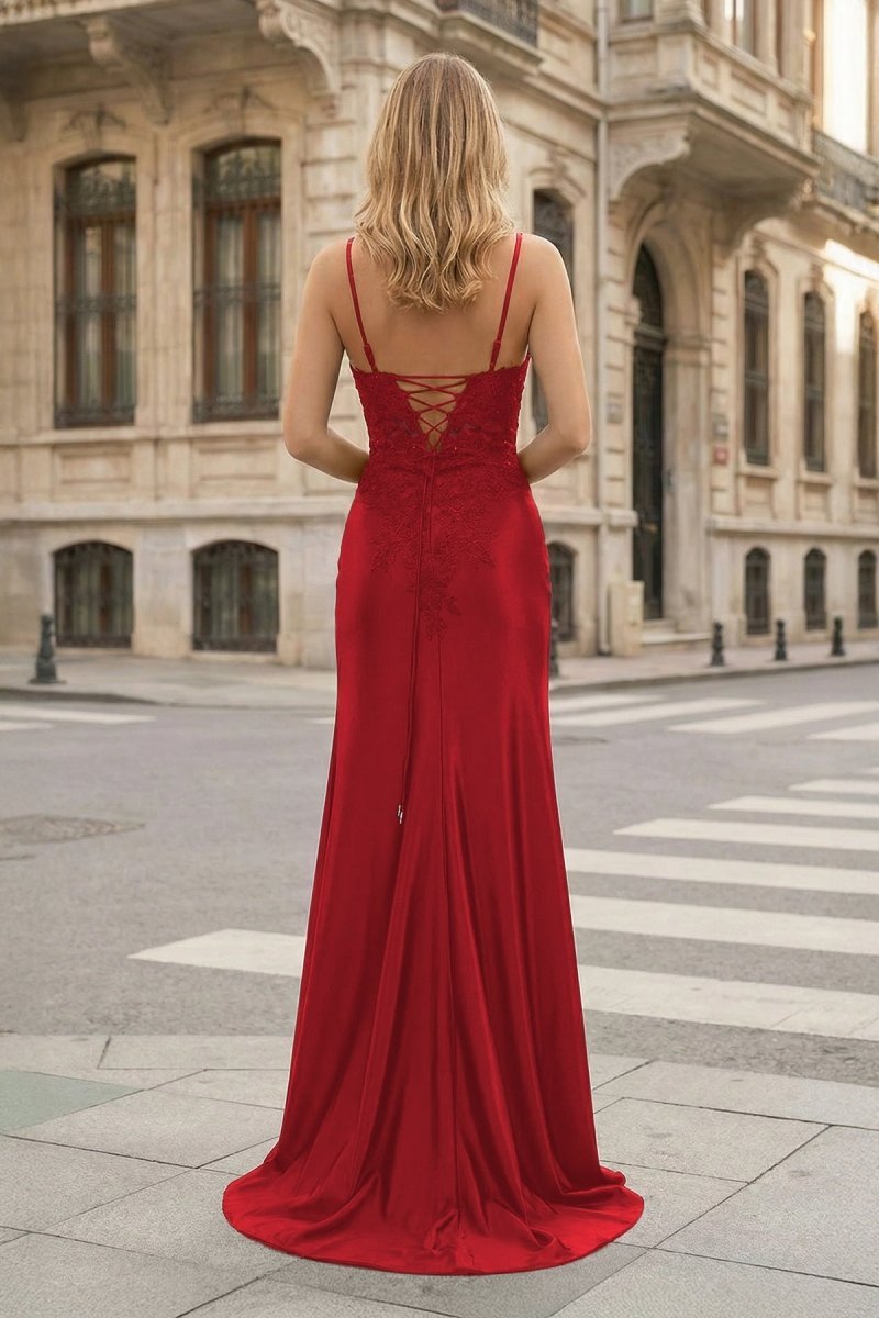 Sheath Spaghetti Straps Black Satin Long Prom Dresses with Lace Appliques - Curvevia