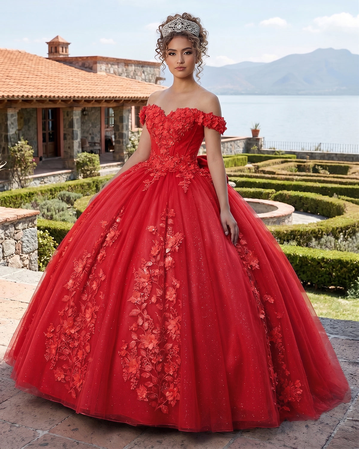 Big Bow Floral Flower Lace Applique Off Shoulder Ball Gown Quinceanera Dresses - Curvevia