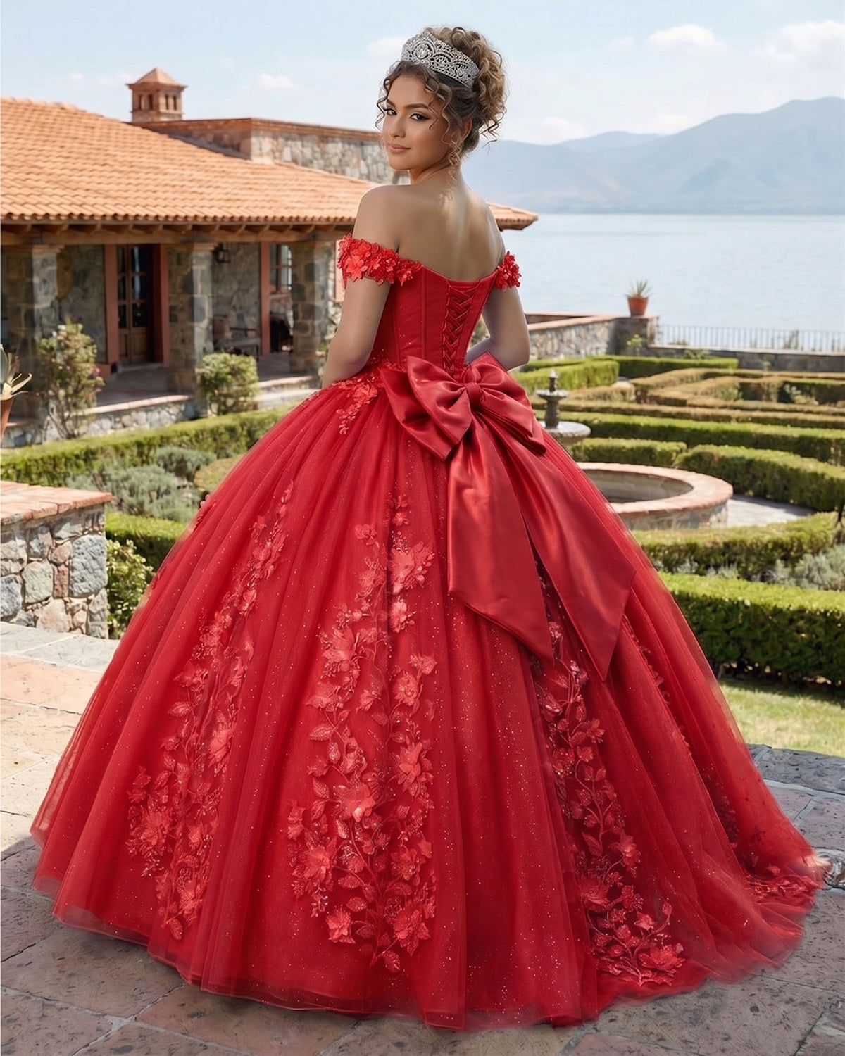 Big Bow Floral Flower Lace Applique Off Shoulder Ball Gown Quinceanera Dresses - Curvevia