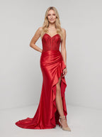 Red Satin A-Line Sweetheart Corset Back Floor-Length Dress with Beaded Sheer Bodice & Ruffles - Curvevia