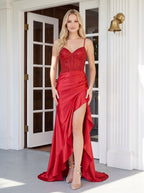 Red Satin A-Line Sweetheart Corset Back Floor-Length Dress with Beaded Sheer Bodice & Ruffles - Curvevia