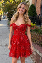 Navy Blue A-Line Sweetheart Tiered Short Homecoming Dresses - Curvevia