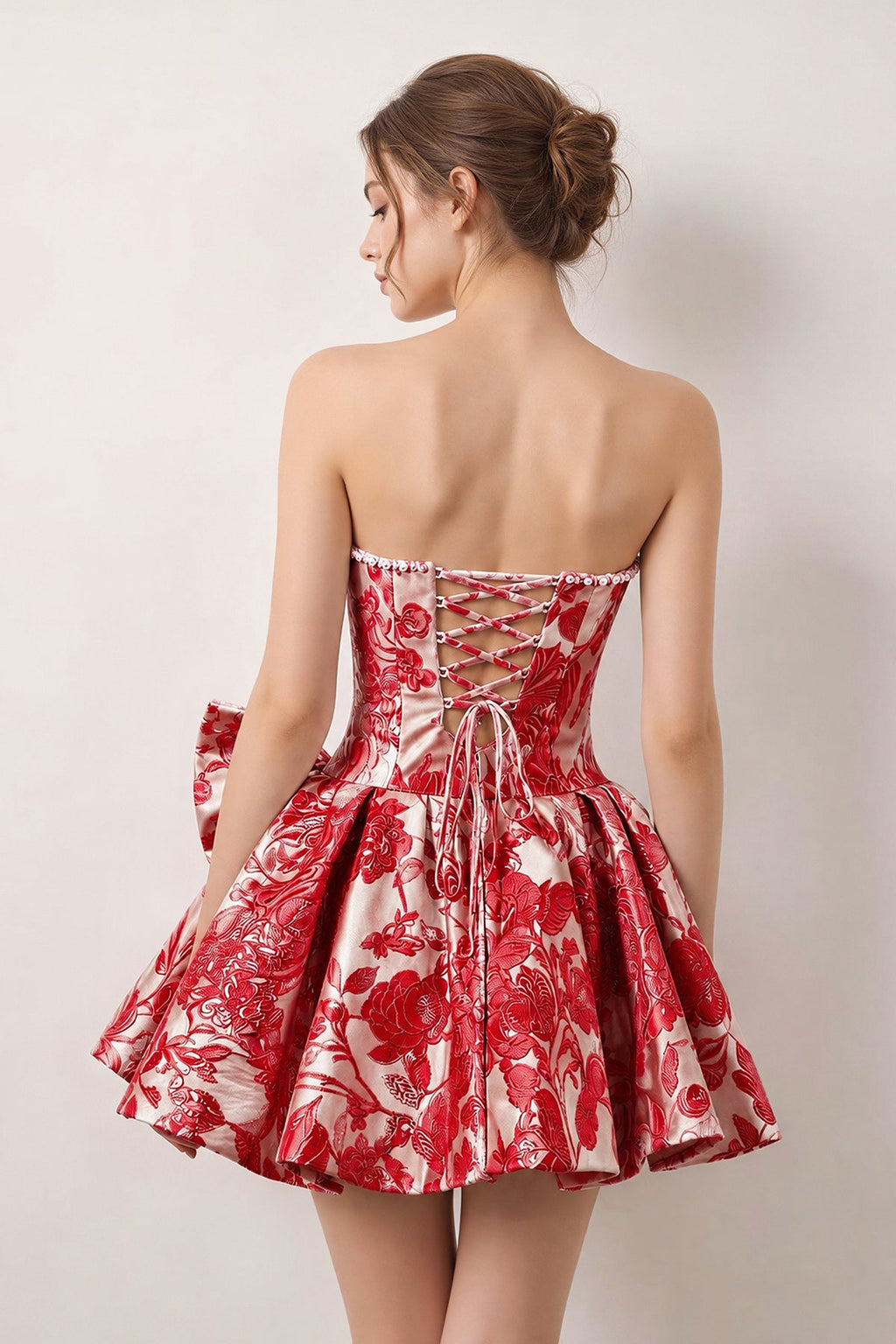 Blue Flower Jacquard Strapless A-Line Bowknot Homecoming Dress With Pearl - Curvevia