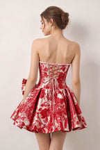 Blue Flower Jacquard Strapless A-Line Bowknot Homecoming Dress With Pearl - Curvevia