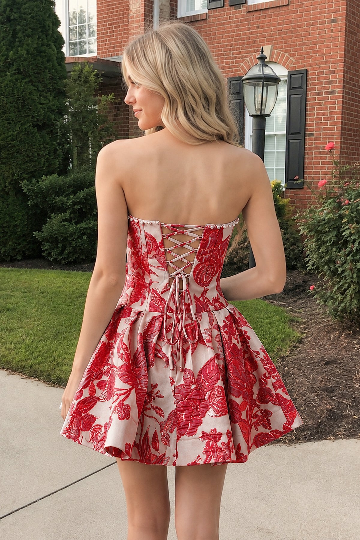 Blue Flower Jacquard Strapless A-Line Bowknot Homecoming Dress With Pearl - Curvevia