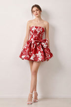 Blue Flower Jacquard Strapless A-Line Bowknot Homecoming Dress With Pearl - Curvevia