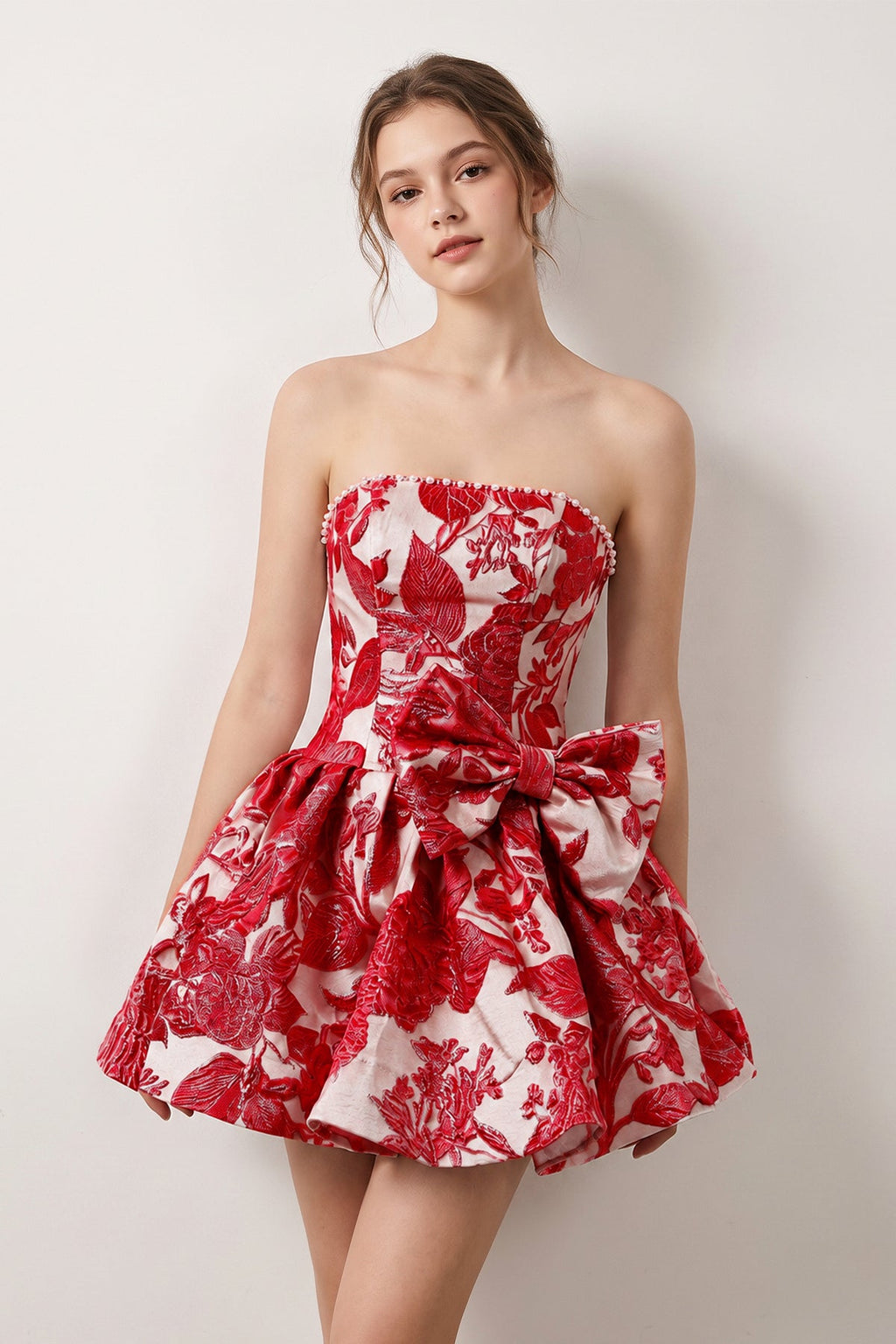 Blue Flower Jacquard Strapless A-Line Bowknot Homecoming Dress With Pearl - Curvevia