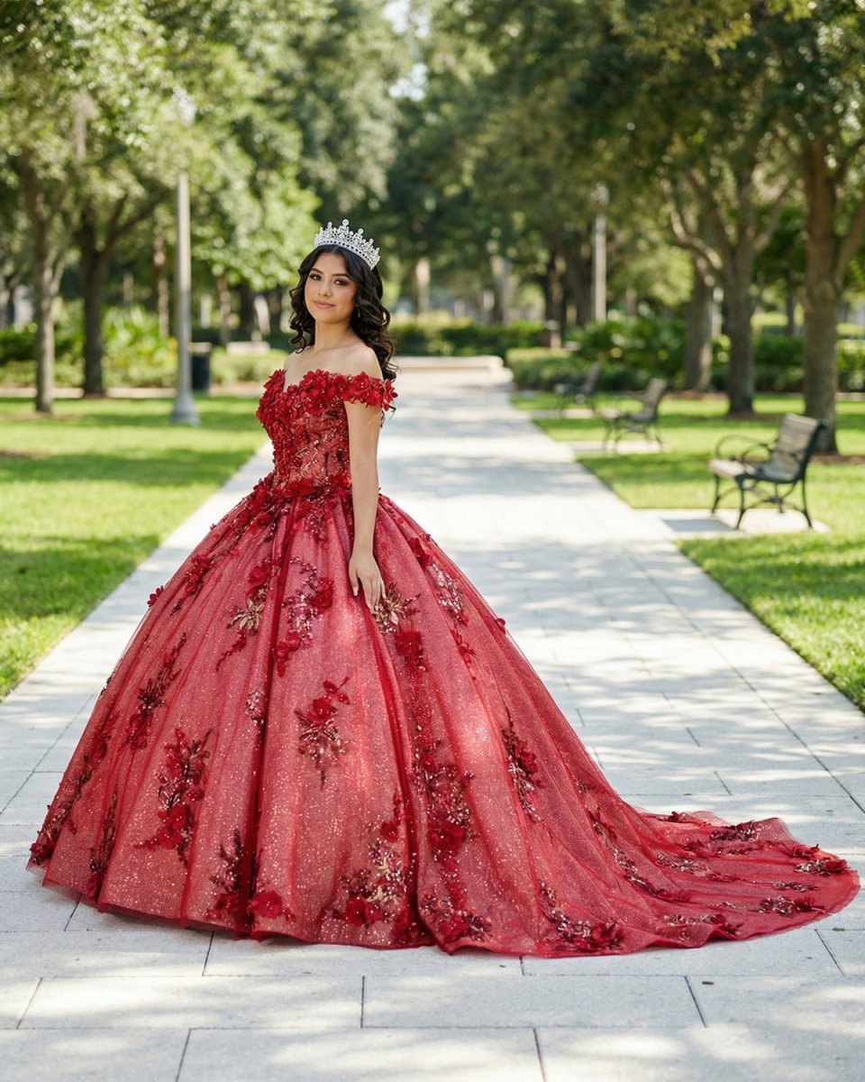 Red Flower  Off-the-Shoulder Quinceañera Dress - Curvevia