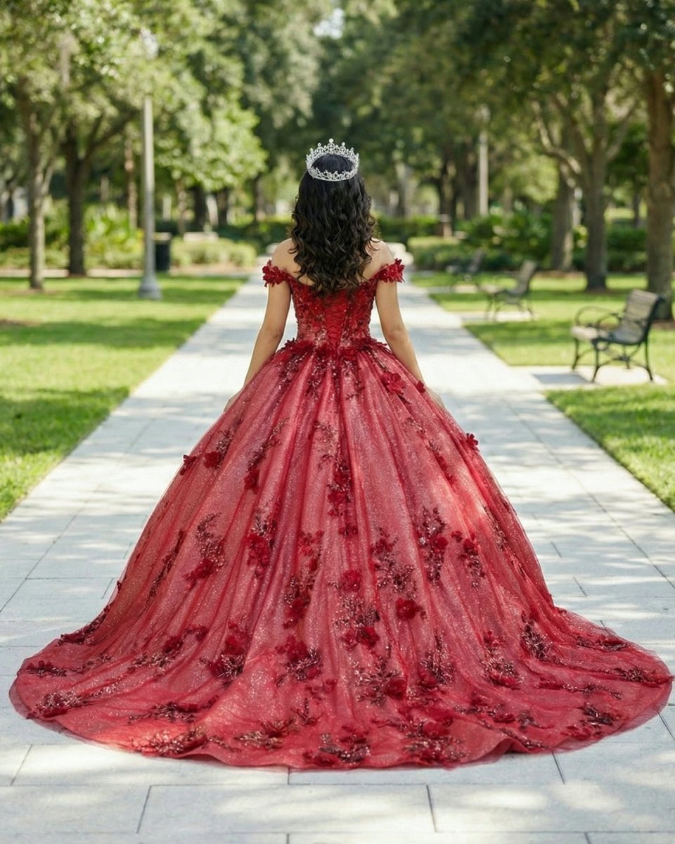 Red Flower  Off-the-Shoulder Quinceañera Dress - Curvevia