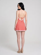 Red Gingham Stretch Knit A-Line V-Neck Backless Mini Dress with Contrast Lace Trim - Curvevia